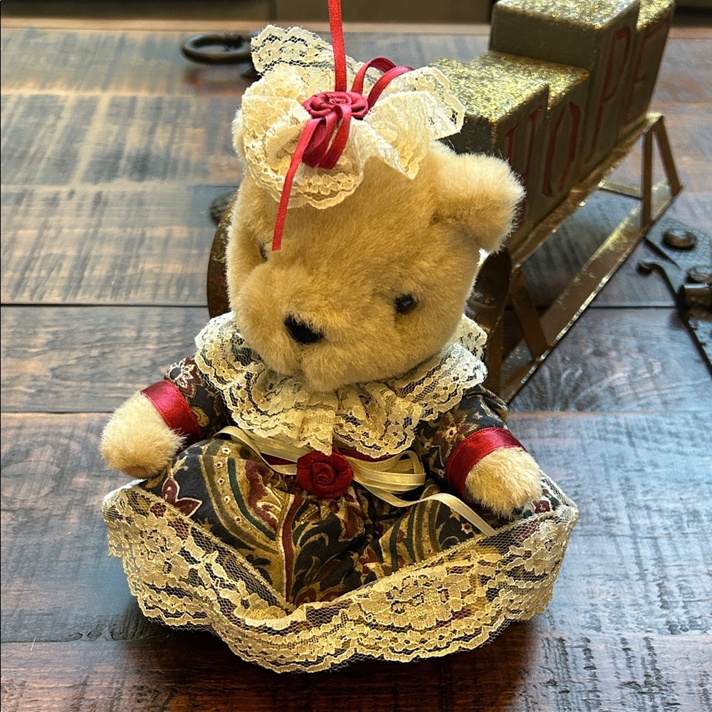 Anco Plush Teddy Bear 6.5” Paisley Print Dress 
Lace Ribbon Detail